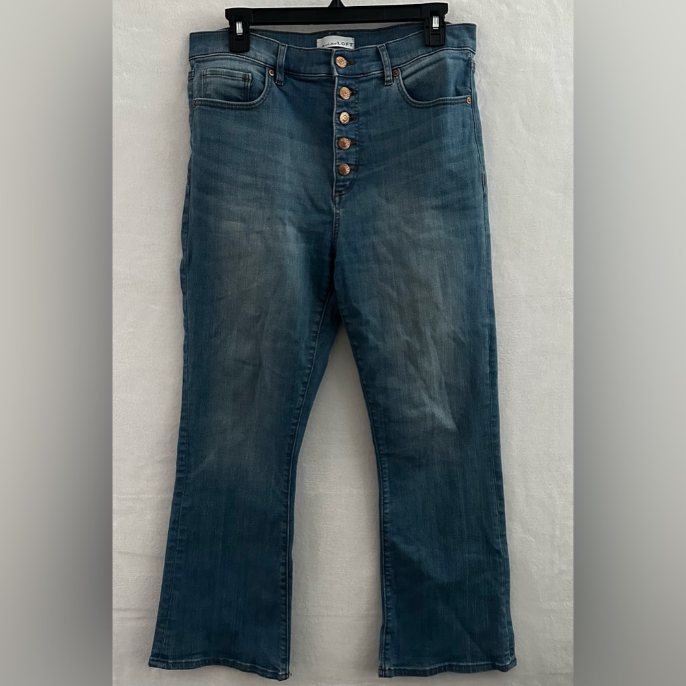 LOFT The Kick Crop Jeans Womens 29/8 Blue Denim Button Fly Cropped Flare